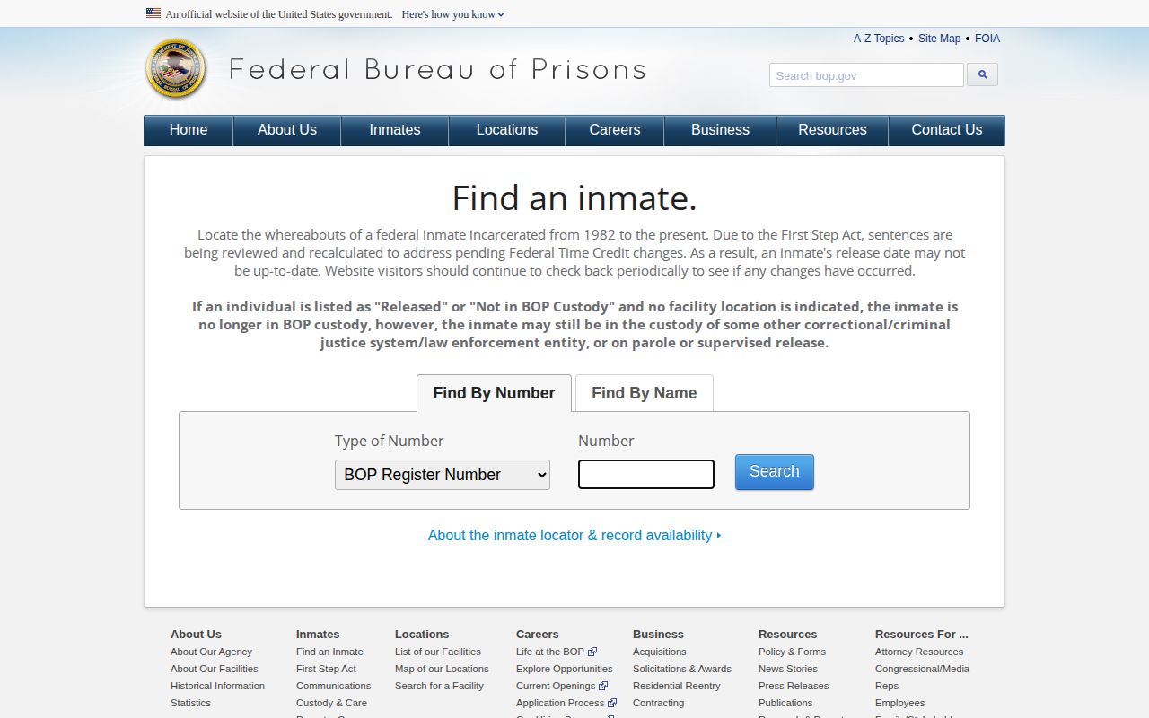 Federal Bureau of Prisons inmate locator page for federal custody and past release dates