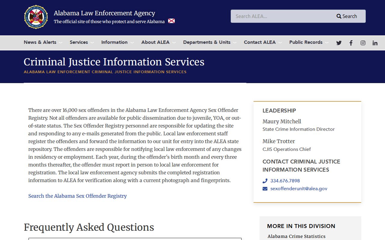 ALEA sex offender registry explanation page for qualifying released registrants in Alabama