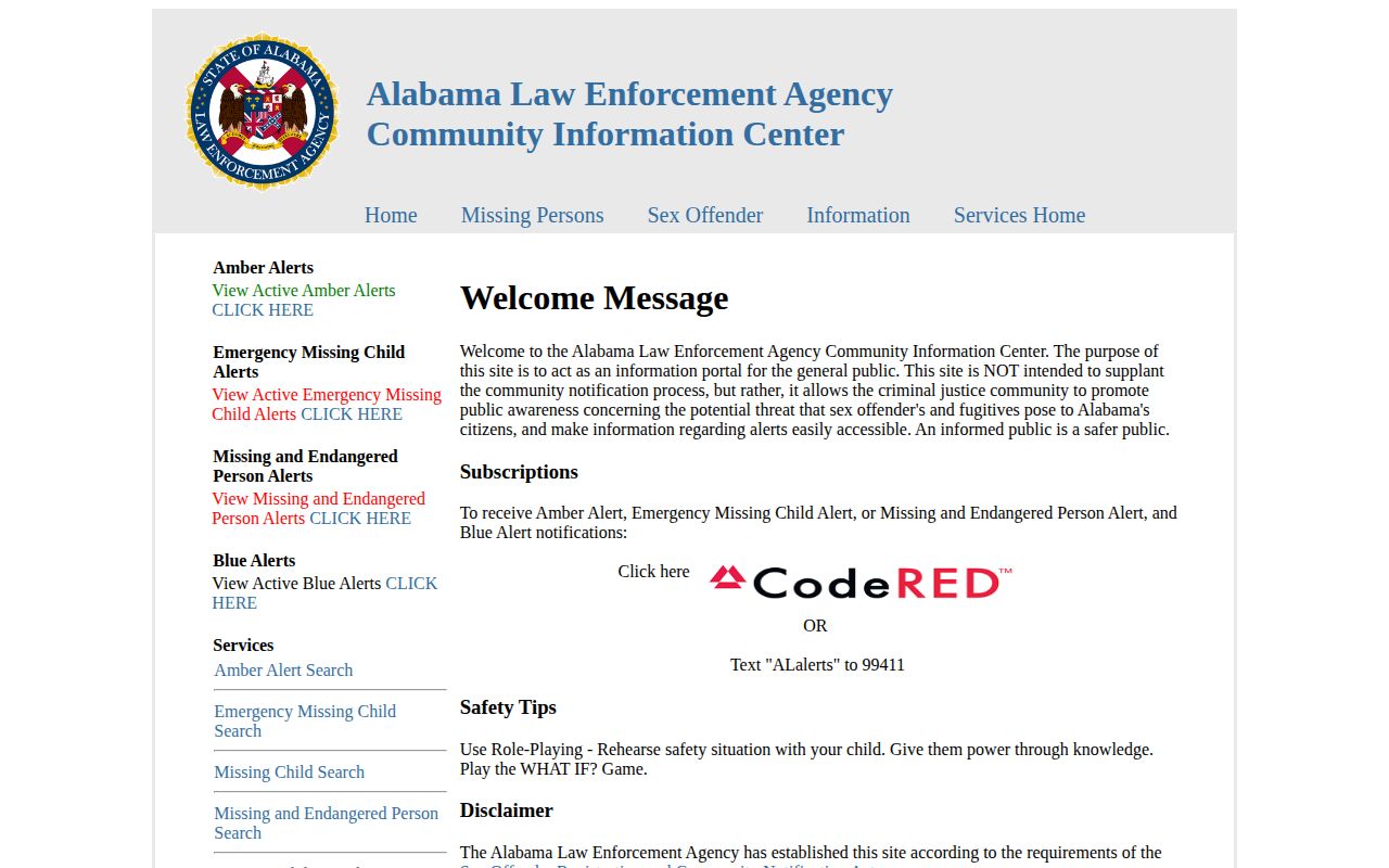 ALEA Community Information Center page used as a registry photo channel for qualifying Alabama records