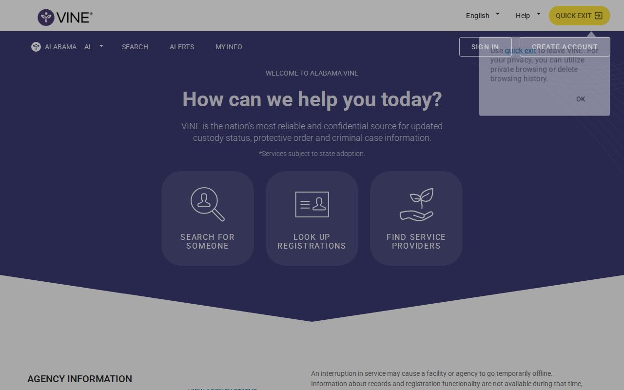 VINELink Alabama page for custody status and release notifications
